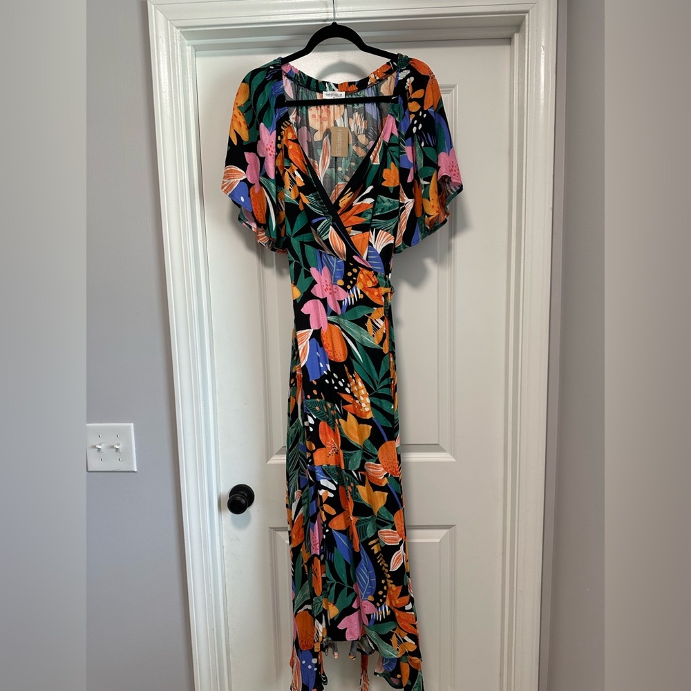 Vestique Orange Pink Wrap Tie Front Maxi Dress